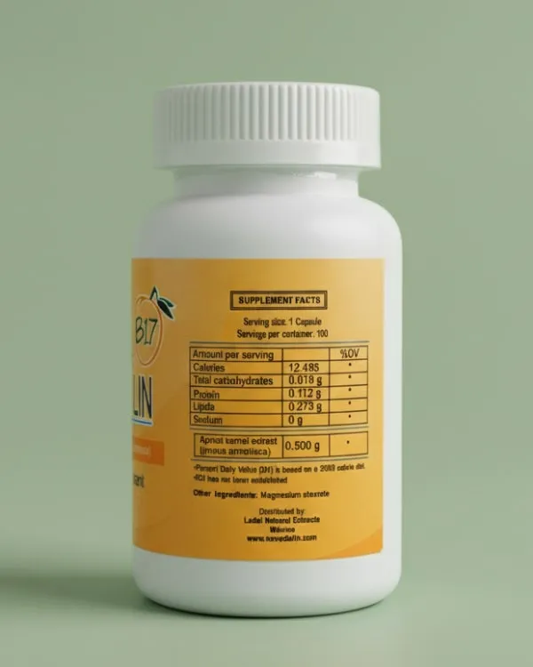 Bottle of Vitamin B17 500mg capsules suplement facts