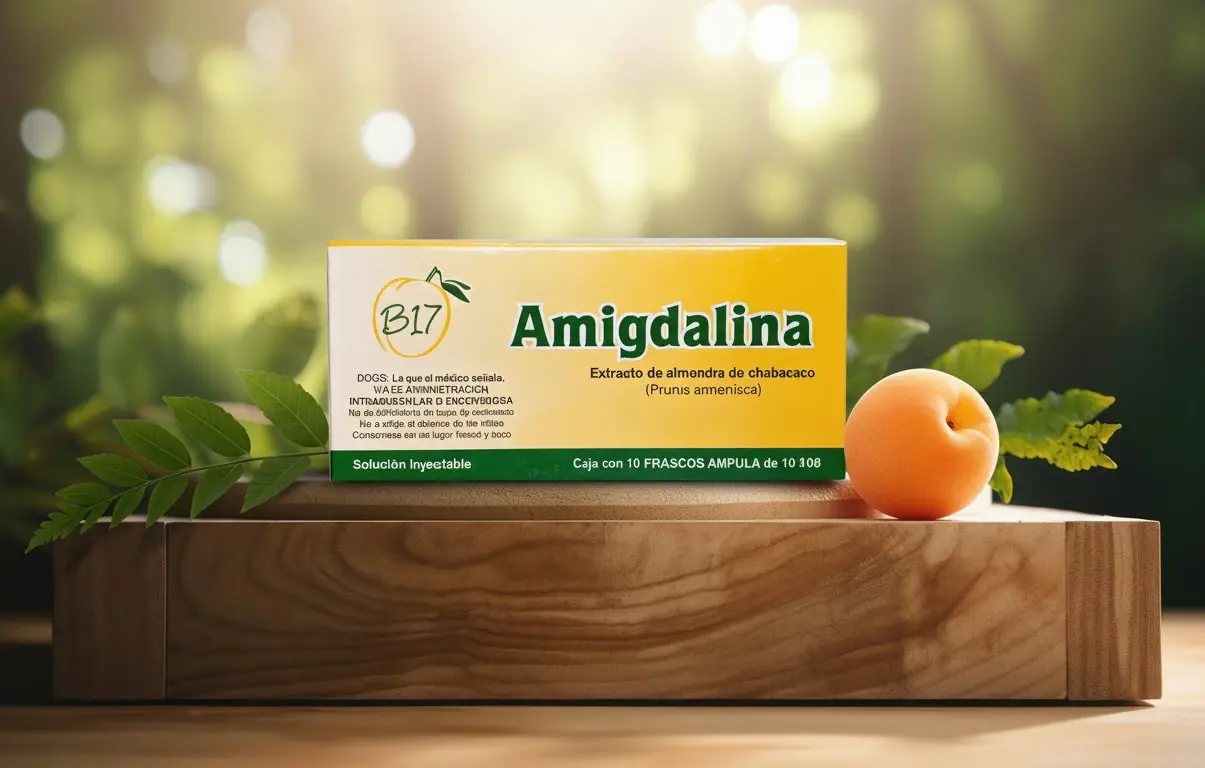 box of Injectable Amygdalin next to an apricot