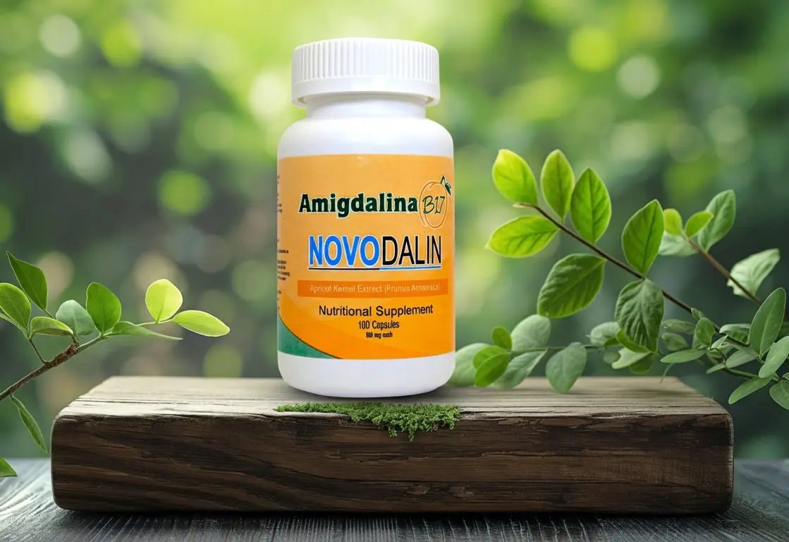 Novodalin 500mg amygdalin capsules on top of a wooden platform.