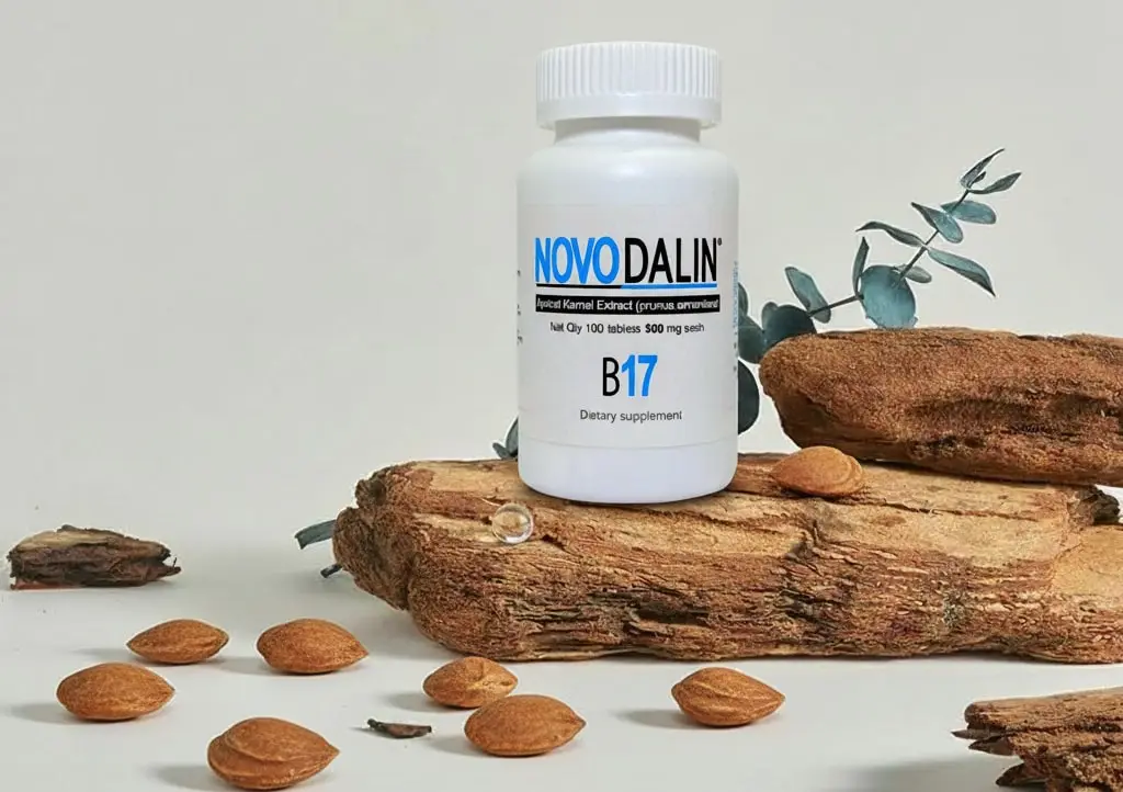 Novodalin bottle of tablets on top of a wooden platform
